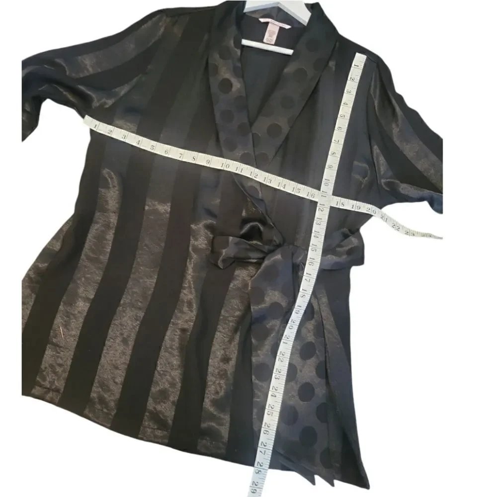 NWOT Victorias Secret Kimono Wrap Robe Black Satin Stripe Polka Dot Medium/Large
